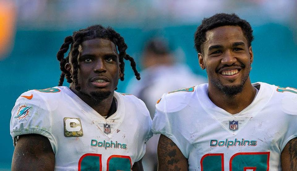 Dolphins receivers Tyreek Hill and Jaylen Waddle.