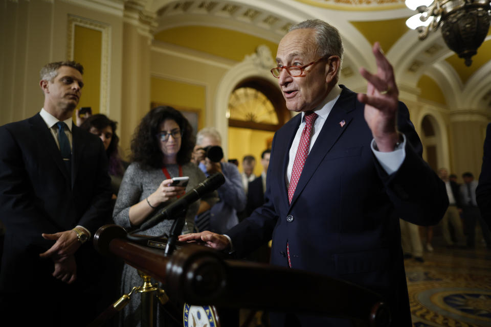 WASHINGTON, DC - SEPTEMBER 12: Senate Majority Leader Charles Schumer (D-NY) talk to reporters following the weekly Senate Democratic policy luncheon meeting at the U.S. Capitol on September 12, 2023 in Washington, DC. Schumer was asked about Speaker of the House Kevin McCarthy's announcement of a formal impeachment inquiry into President Joe Biden. (Photo by Chip Somodevilla/Getty Images)