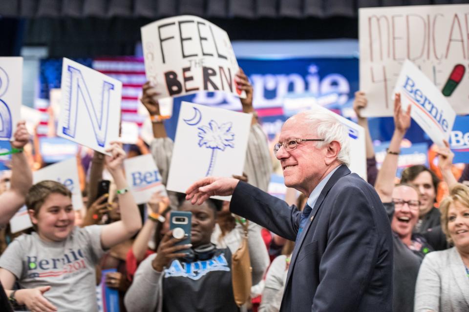 2020 Democratic presidential candidate Senator Bernie Sanders greets the crowd on March 14, 2019, in North Charleston, South Carolina.