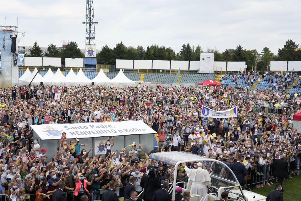 Pope Francis meets with young people at Lokomotiva Stadium in Košice, Slovakia, Tuesday, Sept. 14, 2021. Francis first trip since undergoing intestinal surgery in July, marks the restart of his globetrotting papacy after a nearly two-year coronavirus hiatus. (AP Photo/Gregorio Borgia)