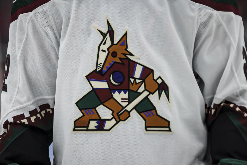 WASHINGTON, DC - OCTOBER 29: A detailed view of the Arizona Coyotes logo on the jersey worn by Johan Larsson #22 of the Arizona Coyotes during the third period of the game against the Washington Capitals at Capital One Arena on October 29, 2021 in Washington, DC. (Photo by Scott Taetsch/Getty Images)