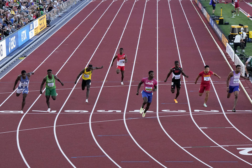 Fred Kerley, of the United States, wins a heat in the men's 100-meter run at the World Athletics Championships Friday, July 15, 2022, in Eugene, Ore. (AP Photo/Ashley Landis)