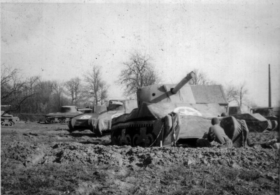 This photo provided by the Ghost Army Legacy Project shows inflatable tanks in March, 1945.