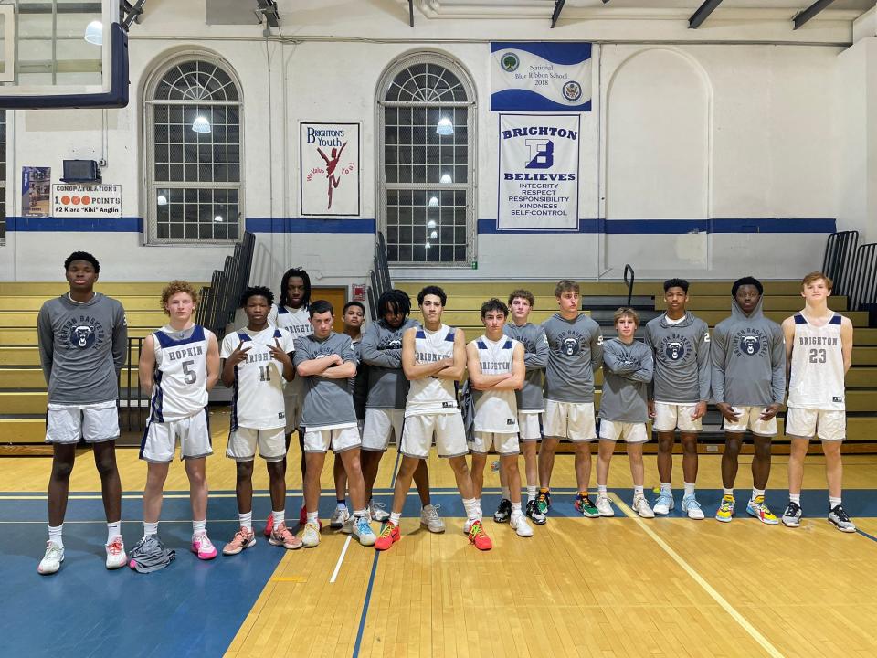 Brighton after a 69-66 overtime win over Pittsford Mendon in the Section V Class AA first round Wednesday, Feb. 21, 2024. Reggie Smith Jr. scored 32 points in the win. Mendon's Michael Bischoping dropped 30 in the loss.