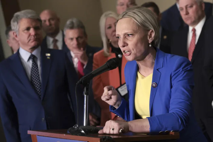 Rep. Victoria Spartz of Indiana speaks during a news conference.