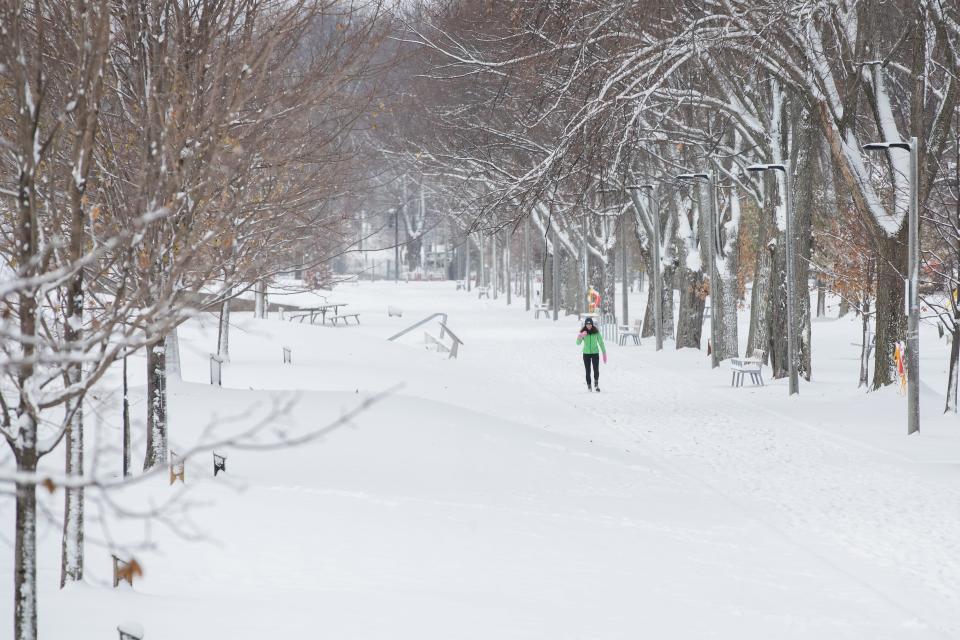 A woman walks in a snow covered park in Kingston, Ont., on Friday, Nov. 16, 2018. THE CANADIAN PRESS IMAGES/Lars Hagberg