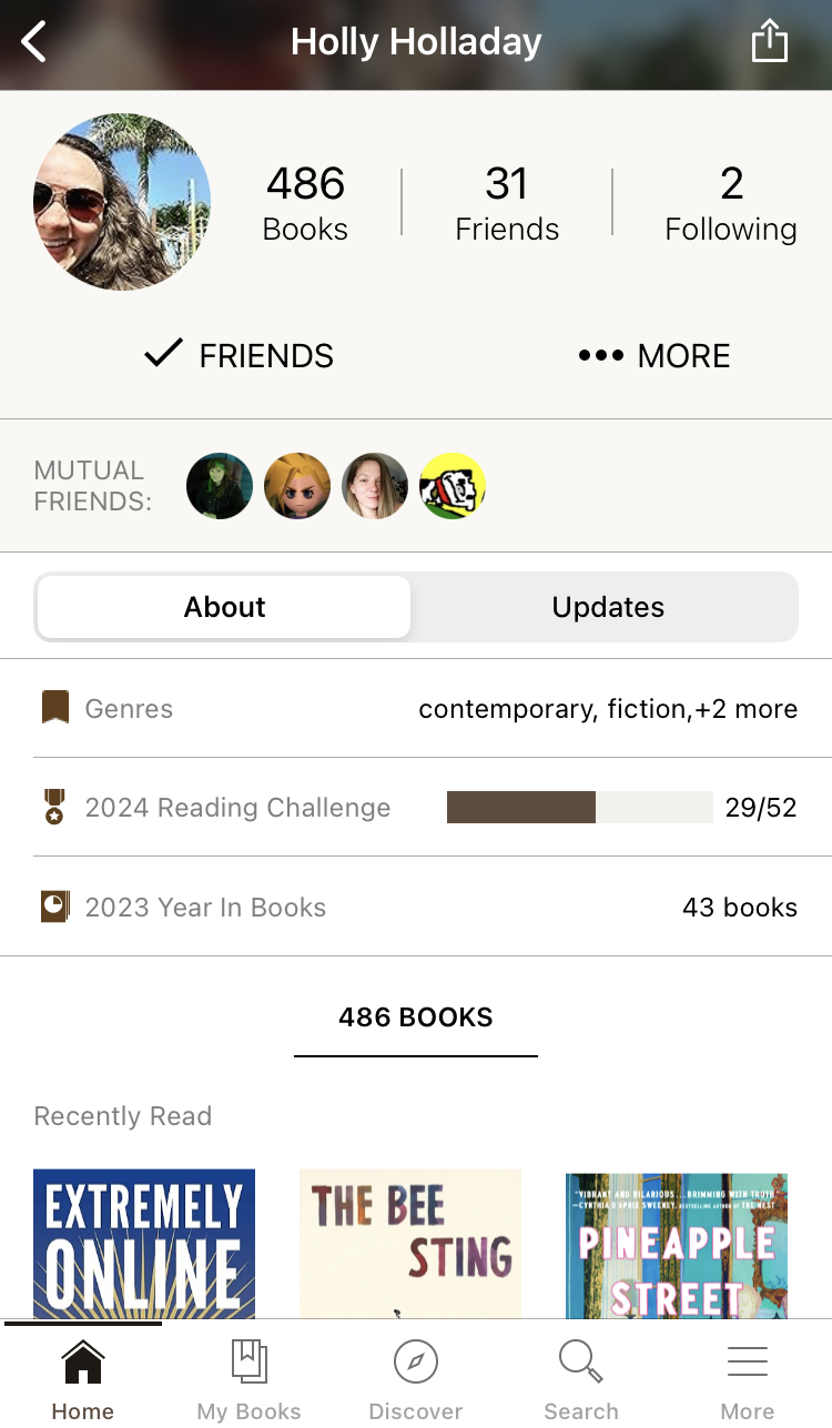 A screenshot of Holly Holladay's profile on the Goodreads mobile app. Holladay created a Goodreads account in 2019.