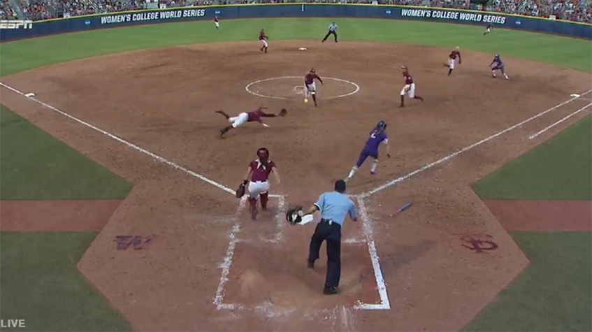 Florida State third baseman Jessie Warren made an insane double play in Game 1 of the Women’s College World Series National Championship on Monday night. (Twitter/NCAASoftball)