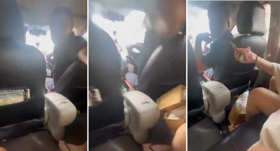 The taxi driver reaching back to hit the girls (left and middle) and making a cutting motion on his neck (right).