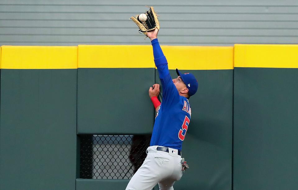 Albert Almora made a leaping, unlikely catch on Tuesday to save what might have been a home run smoked off the bat of Tyler Flowers. (AP)