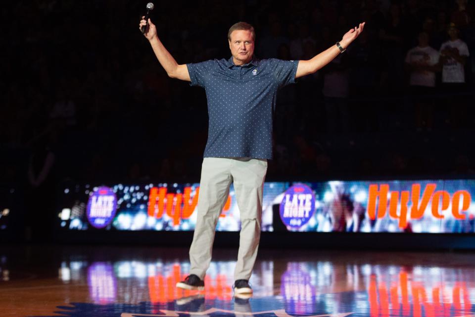 Kansas basketball coach Bill Self welcomes the crowd gathered inside Allen Fieldhouse for Late Night in the Phog in October inside Allen Fieldhouse in Lawrence.