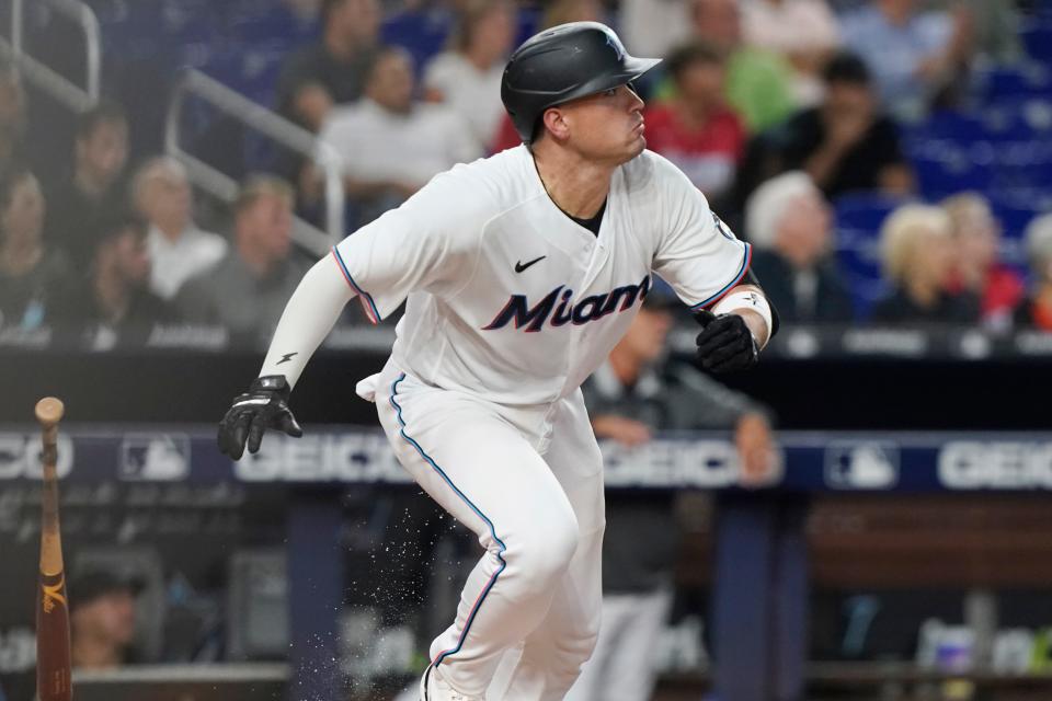 Miami Marlins' Nick Fortes (54) follows his home run into center field during the second inning of a baseball game against the San Diego Padres, Tuesday, Aug. 16, 2022, in Miami. (AP Photo/Marta Lavandier)
