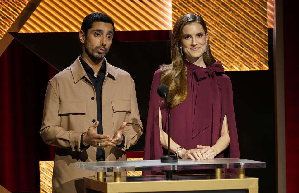 Riz Ahmed, left, and Allison Williams announce the Academy Awards nominations at the 95th Academy Awards nomination ceremony on Tuesday, Jan. 24, 2023, at the Academy Museum in Los Angeles. The 95th annual Academy Awards will take place on Sunday, March 12, 2023, at the Dolby Theatre in Los Angeles. (AP Photo/Jae C. Hong)