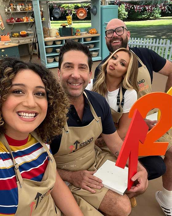 David Schwimmer with his GBBO costars Rose Matafeo, Jesy Nelson and Tom Davis