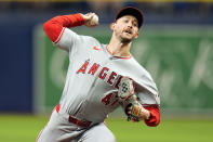 Los Angeles Angels starting pitcher Griffin Canning delivers to the Tampa Bay Rays during the first inning of a baseball game Thursday, April 18, 2024, in St. Petersburg, Fla. (AP Photo/Chris O'Meara)