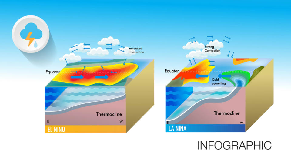 Diagram depicting the difference between El Nino and La Nina.<p>Photo: Papapapong/Getty Images</p>