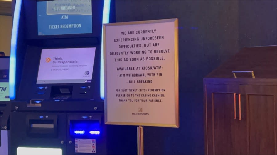 <em>A sign tells customers there are still “unforeseen difficulties” at the Excalibur on Sept. 18, 2023. (KLAS)</em>