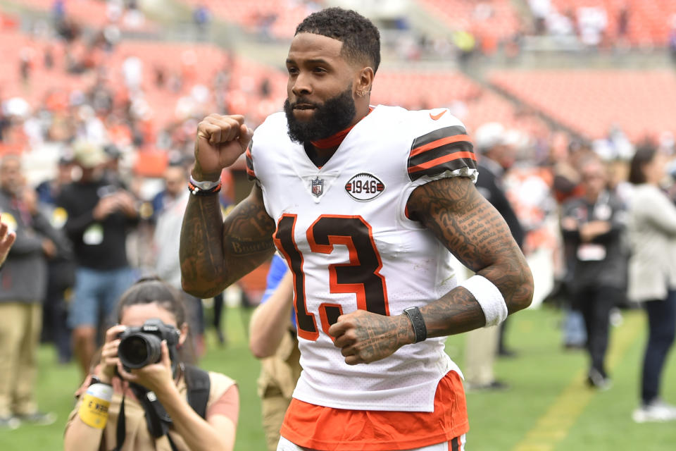 FILE - Cleveland Browns wide receiver Odell Beckham Jr. walks on the field after an NFL football game against the Chicago Bears on Sept. 26, 2021, in Cleveland. A disappointment and distraction before being released by the Browns, Beckham cleared NFL waivers without being claimed Tuesday, Nov. 9, 2021, and can now sign as a free agent with any team. (AP Photo/David Richard, File)