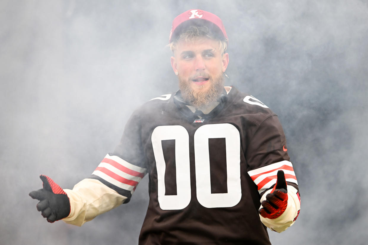 CLEVELAND, OHIO - DECEMBER 24: Jake Paul is introduced prior to a game between the New Orleans Saints and the Cleveland Browns at FirstEnergy Stadium on December 24, 2022 in Cleveland, Ohio. (Photo by Nick Cammett/Diamond Images via Getty Images)