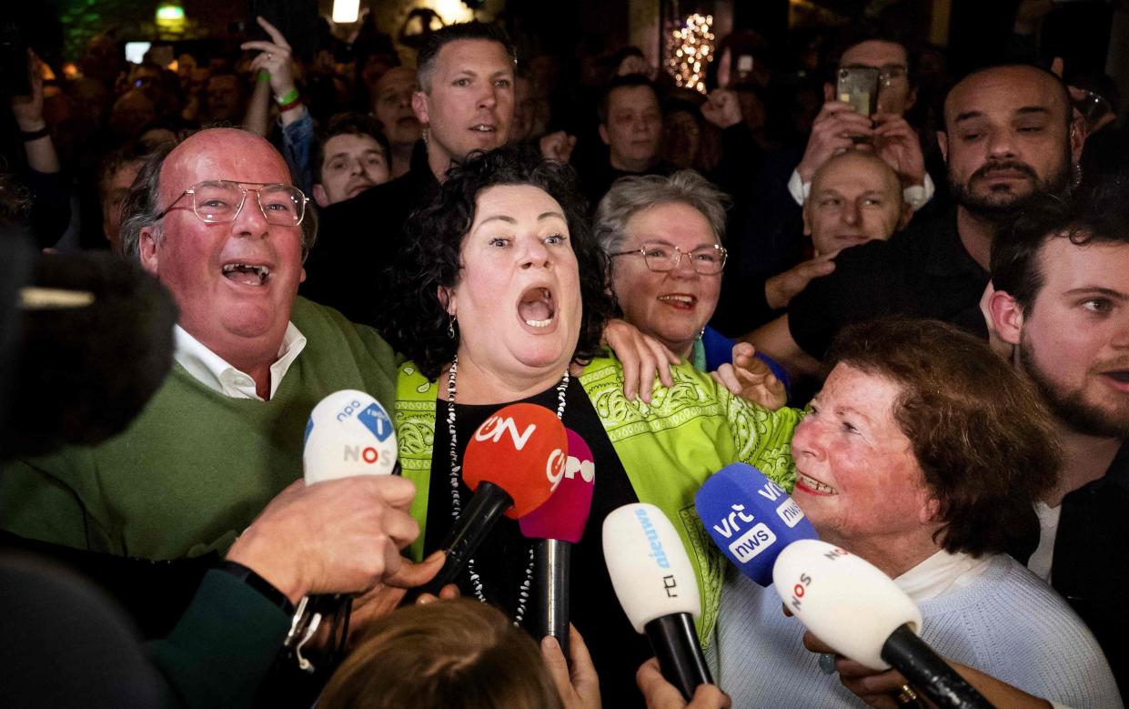 BBB leader Caroline van der Plas speaks while following results during an election evening event after voting in Netherlands' Provincial Council elections in Bathmen