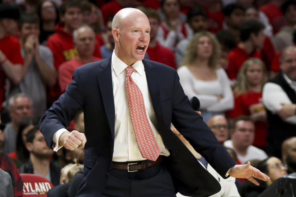 Maryland head coach Kevin Willard reacts during the second half of an NCAA college basketball game against Northwestern, Sunday, Feb. 26, 2023, in College Park, Md. Maryland won 75-59. (AP Photo/Julia Nikhinson)