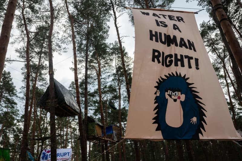 Tree houses and a banner reading "water is a human right!" hang in a protest camp where hundreds of activists protest Tesla's planned expansion outside Berlin. Christophe Gateau/dpa