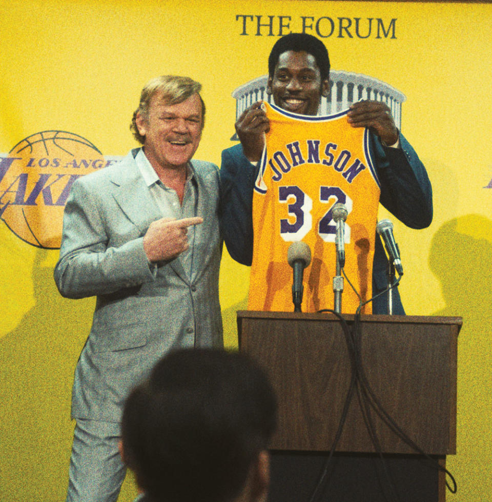 Dr. Buss (played by Reilly) with his star point guard Magic Johnson (Isaiah). - Credit: Courtesy of WARRICK PAGE/HBO