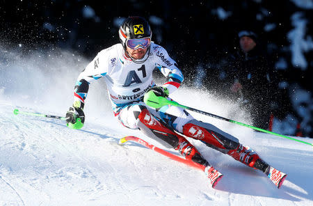 FILE PHOTO: Alpine Skiing - FIS Alpine Skiing World Cup - Men's Slalom - Kitzbuehel, Austria - 22/01/17 - Marcel Hirscher of Austria in action. REUTERS/Dominic Ebenbichler/File photo