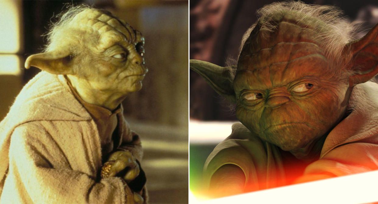 The physical Yoda puppet in The Phantom Menace (L) compared to the CGI one in Attack of the Clones (20th Century Fox/Lucasfilm)