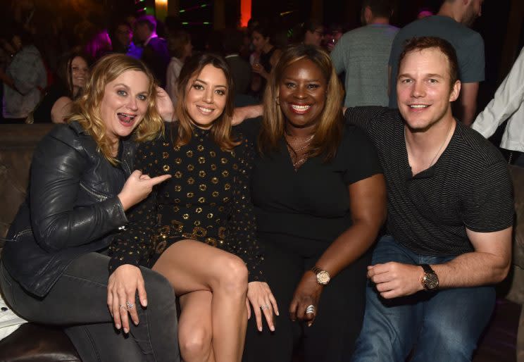 Amy Poehler, Aubrey Plaza, Retta, and Chris Pratt at the after-party. (Photo: Alberto E. Rodriguez/Getty Images)