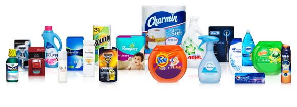 Procter & Gamble branded items like Charmin, Tide, Pampers, Bounty and Downy displayed together.