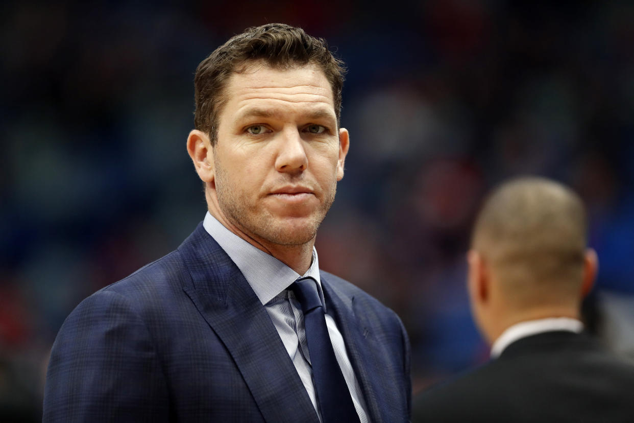 Los Angeles Lakers head coach Luke Walton during the first half of an NBA basketball game in New Orleans, Sunday, March 31, 2019. (AP Photo/Tyler Kaufman)