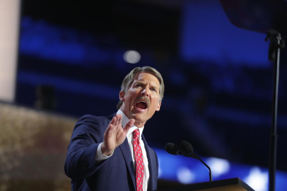 Eric Hovde, Wisconsin U.S. Senate candidate, delivers remarks during the second day of the Republican National Convention at the Fiserv Forum.