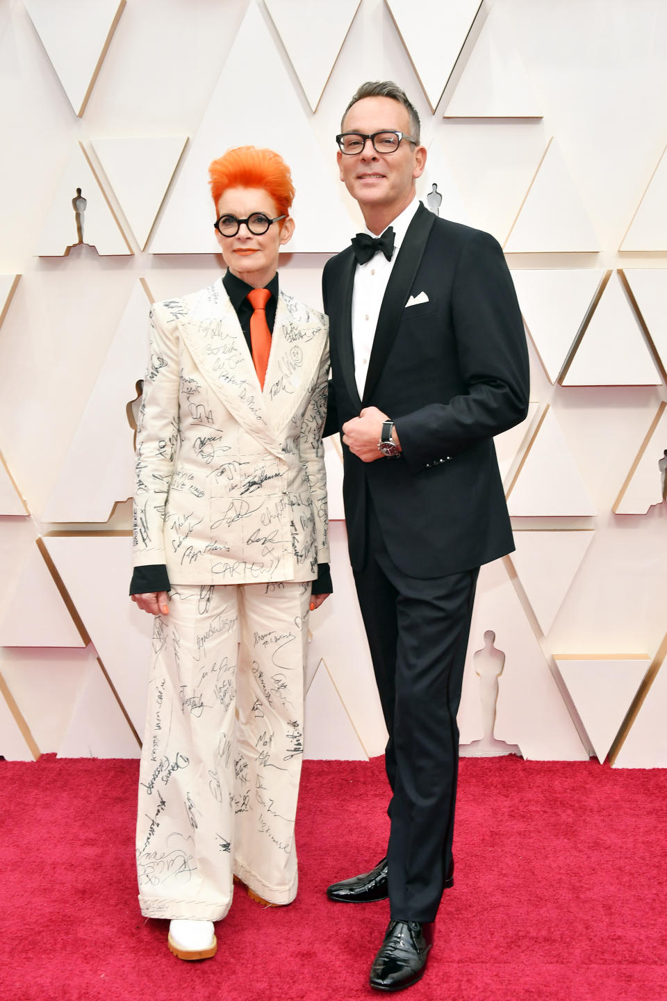 HOLLYWOOD, CALIFORNIA - FEBRUARY 09: (L-R) Costume designer Sandy Powell and Christopher Peterson attend the 92nd Annual Academy Awards at Hollywood and Highland on February 09, 2020 in Hollywood, California. (Photo by Amy Sussman/Getty Images)