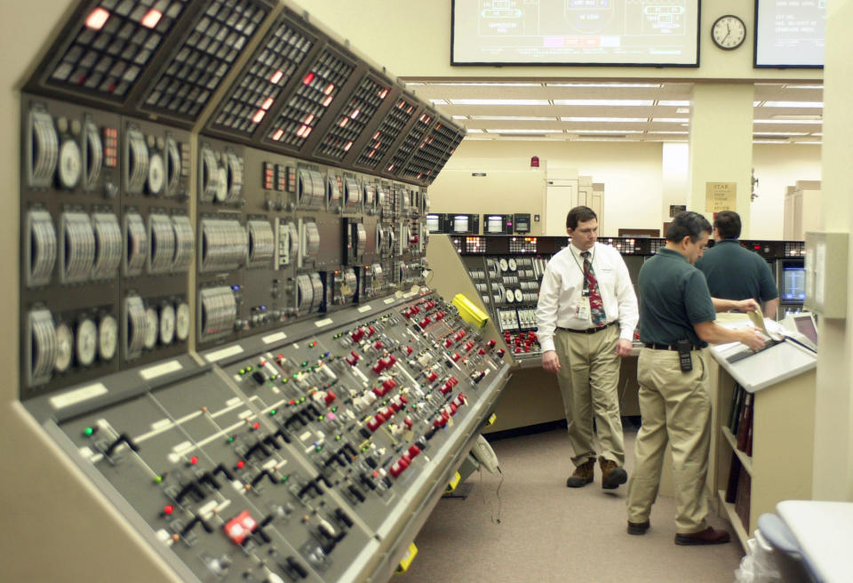 FILE - This Feb. 28, 2001 file photo shows the control room at the Perry Nuclear Power Plant in North Perry, Ohio. A roughly $1 billion financial rescue for Ohio's two nuclear power plants is all but certain after lawmakers on Tuesday, July 23, 2019 approved adding a new fee to every electricity bill in the state. (AP Photo/Mark Duncan, File)