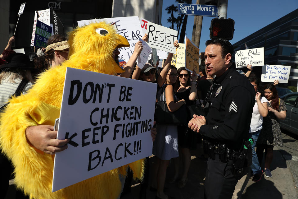 At a demonstration outside Feinstein’s Los Angeles office in January 2017, protesters demand that Congress refuse to confirm President Trump’s Cabinet picks. (Photo: Justin Sullivan/Getty Images)