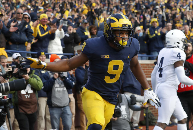 Michigan wide receiver Donovan Peoples-Jones celebrates his 23-yard touchdown reception against Penn State in the first half of an NCAA college football game in Ann Arbor, Mich., Saturday, Nov. 3, 2018. (AP Photo/Paul Sancya)