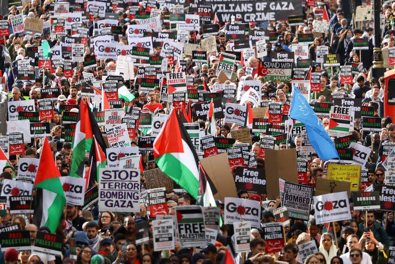 Demonstrators protest in solidarity with Palestinians in Gaza, in London