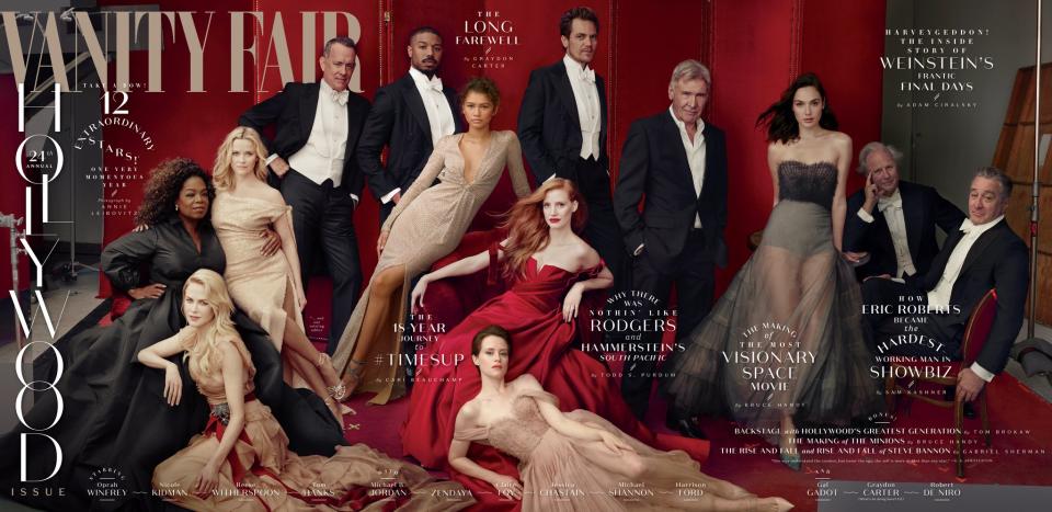 <p>Die hatten im Januar nämlich ein ähnliches Titelfoto veröffentlicht: Zwölf Stars, darunter Robert De Niro, Zendaya und Michael B. Jordan posierten in Abendrobe für das von Foto-Ikone Annie Leibovitz geschossene Cover. Das einzige Problem: Oprah Winfrey hatte plötzlich drei Hände und Reese Witherspoon drei Beine. (Bild: Vanity Fair) </p>