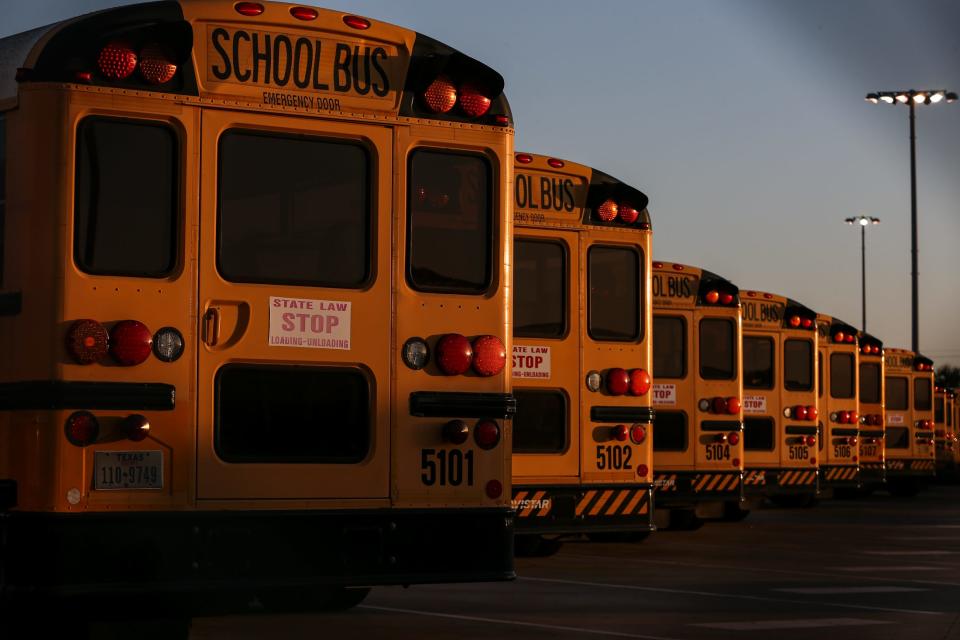 Corpus Christi ISD school buses are parked in a fleet lot at Cabaniss on March 26, 2024, in Corpus Christi, Texas.