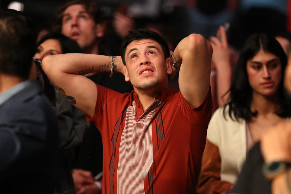 SALT LAKE CITY, UT - AUGUST 20: UFC Flyweight Champion Brandon Moreno reacts after Kamaru Usman loss to Leon Edwards in their Welterweight title bout during the UFC 278 at the Vivint Arena on August 20, 2022 in Salt Lake City, Utah, United States.
(Photo by Alejandro Salazar/PxImages/Icon Sportswire via Getty Images)