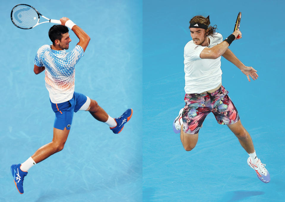 FILE PHOTO (EDITORS NOTE: COMPOSITE OF IMAGES - Image numbers 1459946067, 1458447686 - GRADIENT ADDED) In this composite image a comparison has been made between Novak Djokovic (L) and Stefanos Tsitsipas. They will meet in the Australian Open Men’s Final on January 29,2023 at Melbourne Park in Melbourne, Australia. ***LEFT IMAGE*** MELBOURNE, AUSTRALIA - JANUARY 27: Novak Djokovic of Serbia plays a forehand in the Semifinal singles match against Tommy Paul of the United States during day 12 of the 2023 Australian Open at Melbourne Park on January 27, 2023 in Melbourne, Australia. (Photo by Mark Kolbe/Getty Images) ***RIGHT IMAGE*** MELBOURNE, AUSTRALIA - JANUARY 22: Stefanos Tsitsipas of Greece plays a forehand during the fourth round singles match against Jannik Sinner of Italy during day seven of the 2023 Australian Open at Melbourne Park on January 22, 2023 in Melbourne, Australia. (Photo by Daniel Pockett/Getty Images)