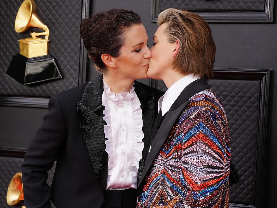 Catherine Shepherd and Brandi Carlile attend the 64th Annual GRAMMY Awards at MGM Grand Garden Arena on April 03, 2022 in Las Vegas, Nevada