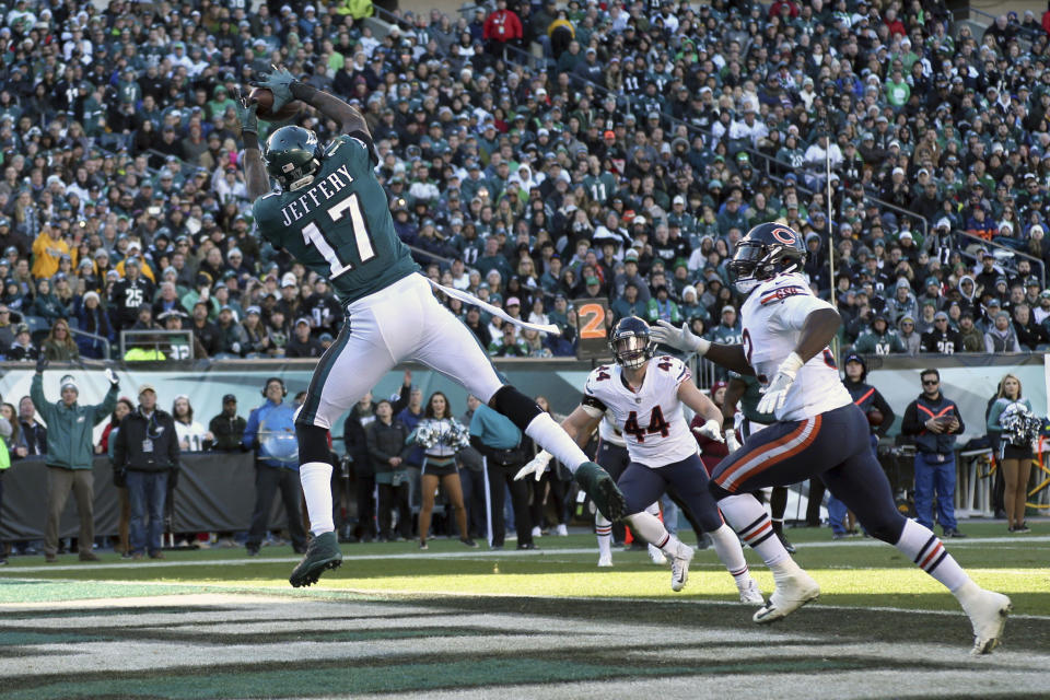 Alshon Jeffery’s seventh touchdown of the season triggered a $250,000 bonus and helped him earn a four-year contract to stay in Philadelphia. (AP Photo)