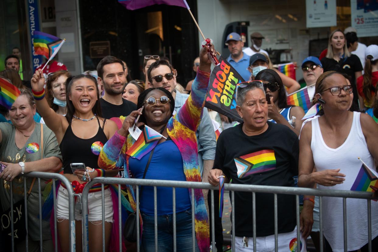 Mayor Eric Adams marches in New York City's pride Parade celebrating the LGBTQIA+ community on Sunday, June 26, 2022.