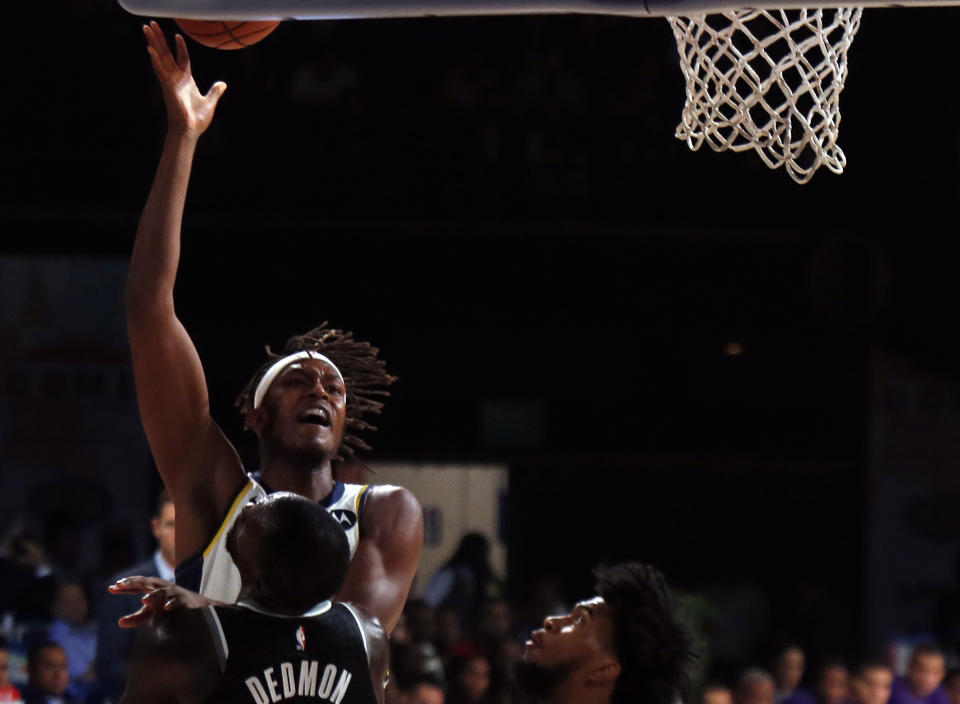 Indiana Pacers player Myles Turner plays against Sacramento Kings at the NBA India Games 2019, in Mumbai, India, Saturday, Oct. 5, 2019. (AP Photo/Rajanish Kakade)