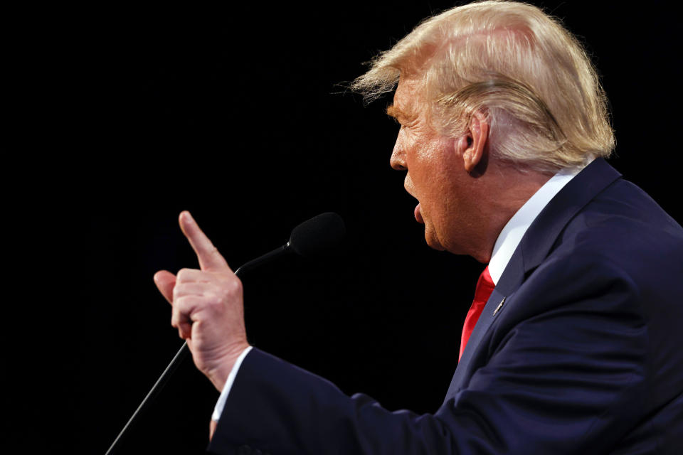 President Donald Trump speaks during the second and final presidential debate Thursday, Oct. 22, 2020, at Belmont University in Nashville, Tenn., with Democratic presidential candidate former Vice President Joe Biden. (Jim Bourg/Pool via AP)