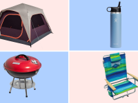 A colorful collage with a tent, grill, chair, and water bottle.