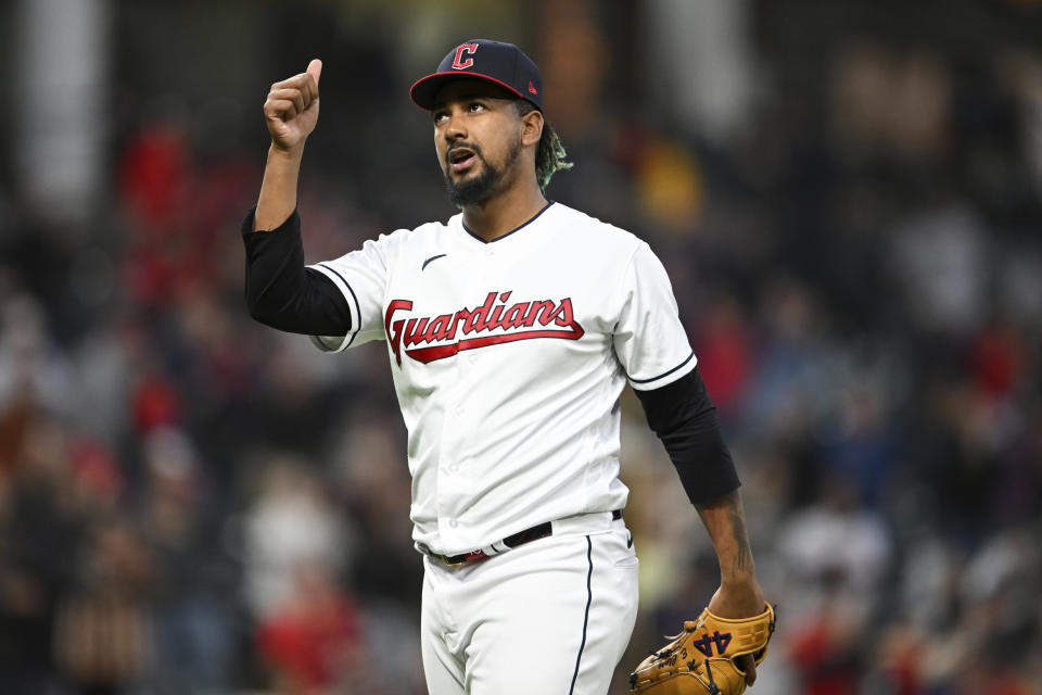 Cleveland Guardians relief pitcher Emmanuel Clase celebrates the team's 2-0 win over the Detroit Tigers in a baseball game, Tuesday, May 9, 2023, in Cleveland. (AP Photo/Nick Cammett)