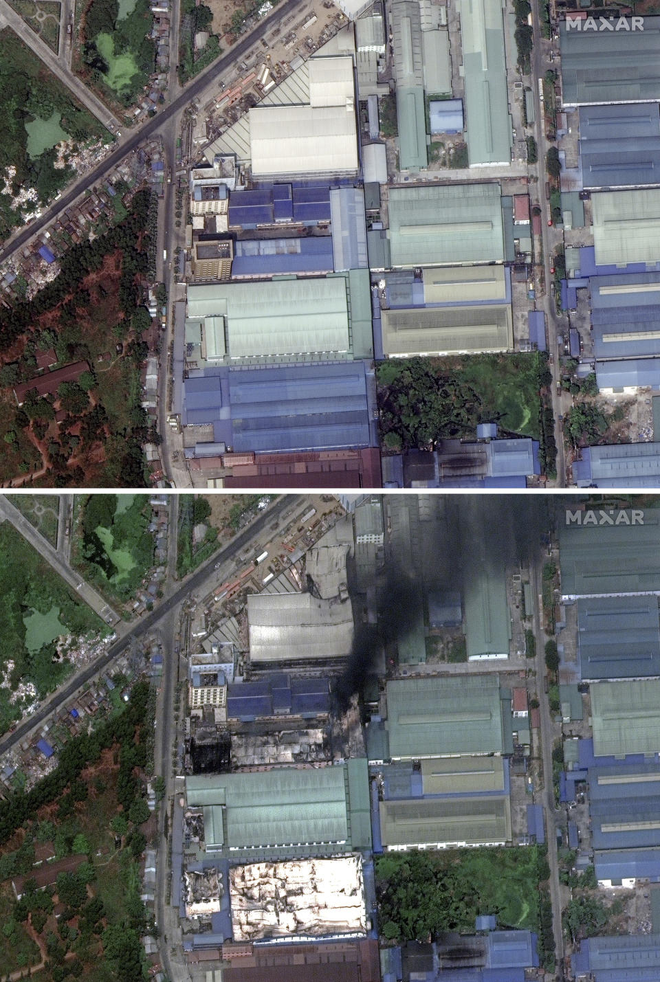 This combination image of March 9, 2021, top, and March 15, 2021, satellite images provided Maxar Technologies shows Global Fashion Garment Factory, a Chinese-owned supplier to the fashion retailer C&A, in Yangon, Myanmar. Confusion over what exactly happened during recent attacks on factories in Myanmar has highlighted the complex and troubled nature of its relations with China amid a broad public backlash against a Feb. 1 coup. (©2021 Maxar Technologies via AP)